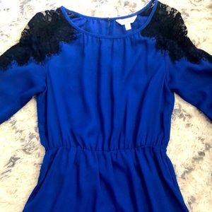 Beautiful Royal Blue with Black Eyelash Lace Charming Charlie Chiffon Dress Sz S